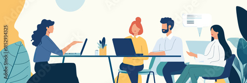 Diverse team collaborating on project with laptops and documents in modern office flat vector business meeting concept illustration