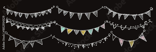 Hand drawn party garlands with flags bunting pennants and decorative elements on chalkboard background festive celebration decor sketch vector illustration