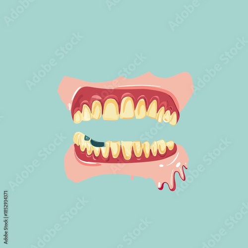 Flat minimalist vector illustration of unhealthy yellow teeth with periodontitis and bleeding gums dental disease concept with black cavity tooth and gum inflammation on teal background