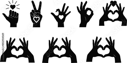 Black Silhouette Hands with Heart Gestures Expressing Love, Peace, Positivity, Unity, Support, Care, Affection, Emotion, and Connection