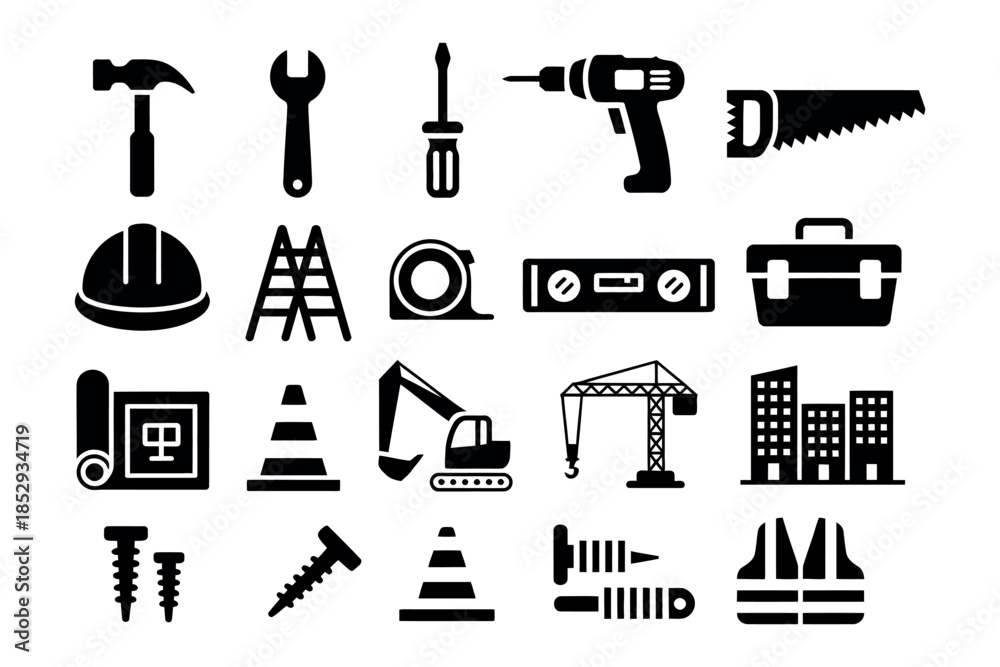 Fototapeta premium Construction Tools and Equipment Icon Set: Vector Symbols for Industrial, Architectural, and Engineering Design Projects