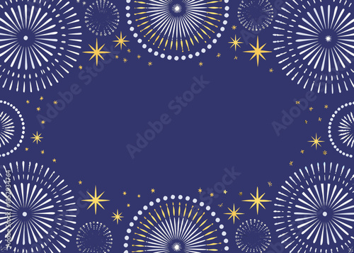 A festive arrangement of golden and white fireworks on a dark blue background