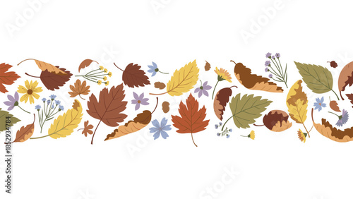 A beautiful horizontal seamless border is adorned with a rich variety of colorful autumn leaves and delicate small flowers, evoking the fall season.