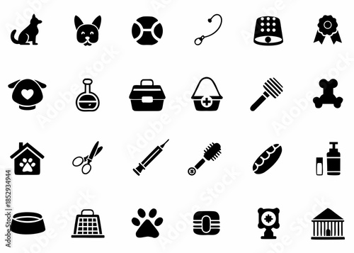 Collection of diverse black and white icons representing pets and related items