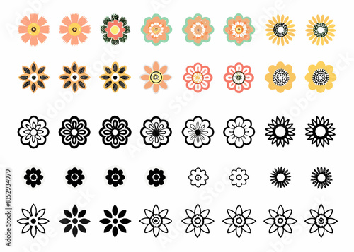 A colorful arrangement of various flower designs in rows and differing styles