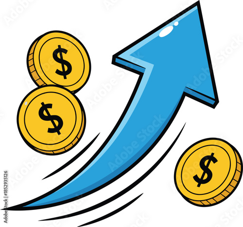 A vibrant blue arrow soars upwards past golden dollar coins symbolizing significant financial growth and rising prosperity