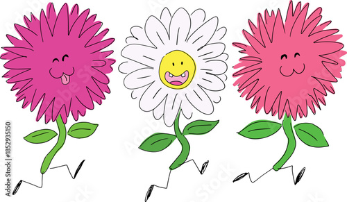 Funny flower characters with faces and legs, asters and daisies, running after each other, drawn with grunge black curved lines, color drawing