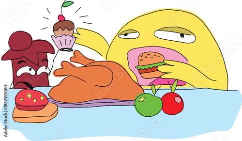 A funny yellow character eats a lot at the table and a clove bud spice serves him food, drawn with grunge black curved lines, color drawing