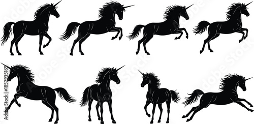 Set of Majestic Unicorn Silhouettes in Various Dynamic Poses, Fantasy Mythology Horse with Horn Vector Collection, Magic and Fairytale Symbol
