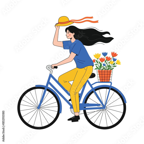 Woman riding a blue bicycle with flowers in a basket and holding a hat