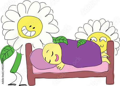 Two funny daisies stand and stroke a yellow sleeping happy character in a bed, drawn with grunge black curved lines, color drawing