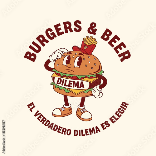 A cartoon burger character with a dilemma, surrounded by text 'BURGERS & BEER' and 'EL VERDADERO DILEMA ES ELEGIR'