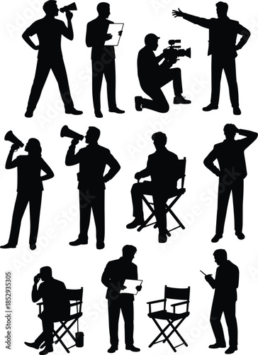 Film production and media crew silhouettes set directing filming reporting and planning isolated vector illustration for cinema journalism stock design