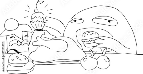 A funny character eating at a table, served food by a charming clove bud spice. Perfect for humorous or food-related projects, drawn with grunge black curved lines