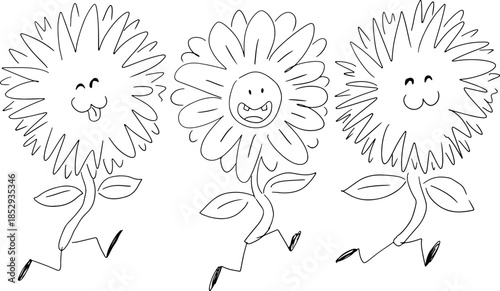 Funny flower characters with expressive faces and tiny legs, including asters and daisies, chasing each other in a playful scene. Perfect for fun, kids projects, or nature themed designs