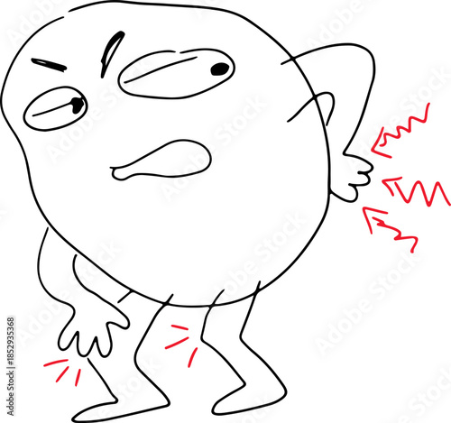 A funny round character showing signs of discomfort, holding its lower back and knees in pain. Ideal for health, wellness, or humor themes, drawn with grunge black curved lines