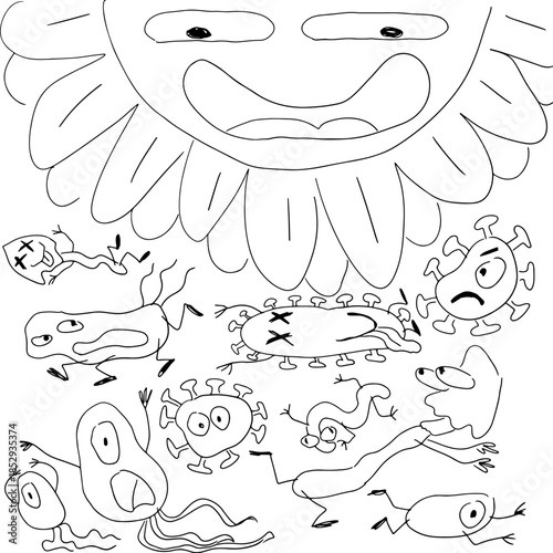 A funny giant daisy with a face, looking down at scared bacteria, parasites, and fungi fleeing in panic. Perfect for health, humor, or educational themes, drawn with grunge black curved lines