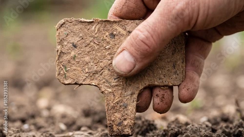 Hand holding biodegradable plant label in soil symbolizing youth climate movement care for environment and sustainable gardening earth nature