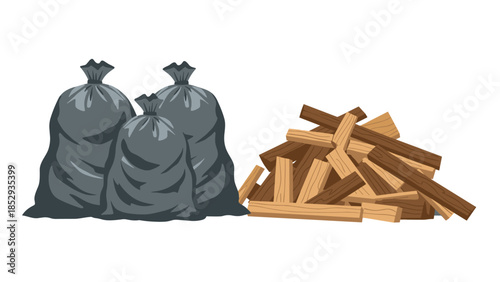Three full black garbage bags are placed neatly next to a substantial pile of light brown wooden planks, representing waste and natural resources.