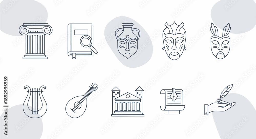 Fototapeta premium Ancient Greek and Roman History and Culture Line Art Icons Set.