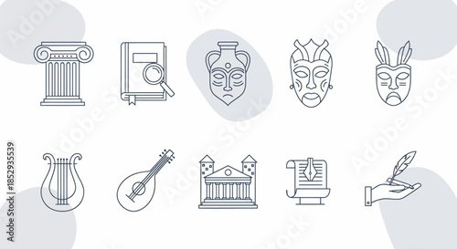 Ancient Greek and Roman History and Culture Line Art Icons Set.