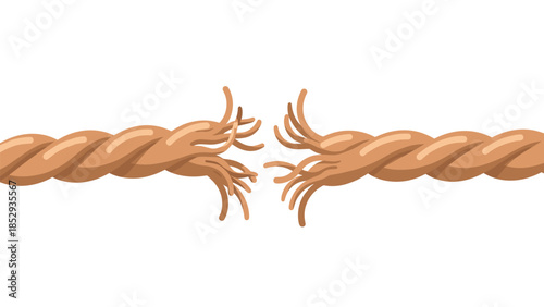A sturdy rope is shown fraying and breaking dramatically in the middle, powerfully symbolizing weakness, stress, failure, or the end of a connection.