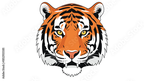 A majestic and fierce tiger face with piercing yellow eyes and distinctive striped fur looks directly forward, embodying raw power and wild beauty.