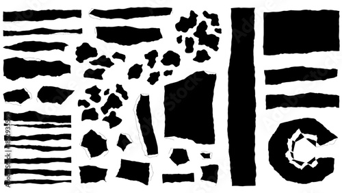 Abstract black and white composition displaying irregular shapes and fragmented forms in a bold design