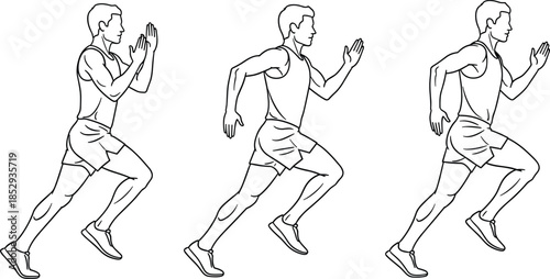 Set of running man illustrations showing sprinting motion, ideal for fitness, sport, and exercise concepts. Black and white outline vector graphic of an athlete in motion, representing speed and he