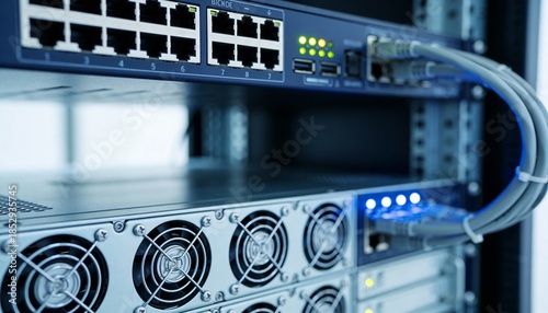 Close-up of glowing server rack details, shallow depth of field, blue corporate tones, high-tech but clean aesthetic.