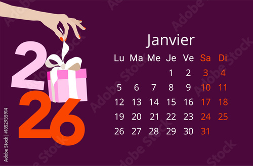 Calendrier pour janvier 2026 avec l'illustration d'un cappuccino dans une tasse rouge décoré avec un bâton de cannelle, des branches de houx et de sapin pour une ambiance chaleureuse cet hiver