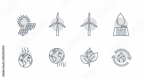Renewable Energy Icons - Solar, Wind, Hydro, Geothermal, and Earth.