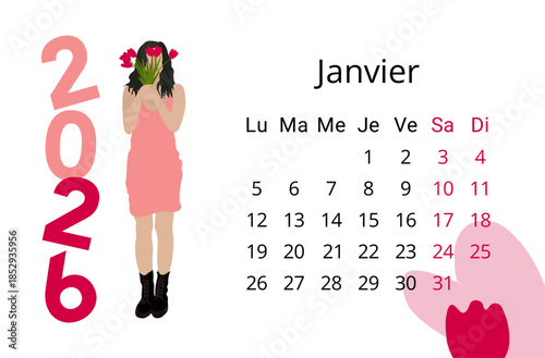 Planning en français du mois de janvier 2026 avec une illustration de femme portant un bouquet de tulipe rouge. Parfait s'organiser, à utiliser en fond d'écran ou à imprimer