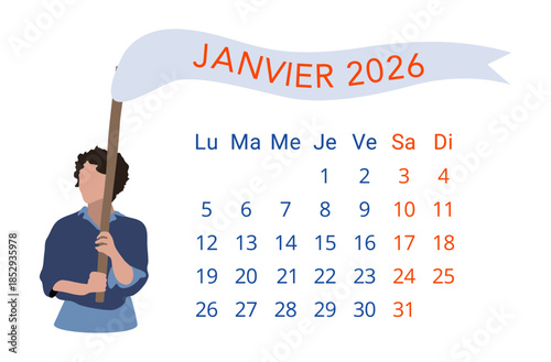 Calendrier féministe janvier 2026, jour en français - illustration vectorielle d'une femme portant un étendard pour affirmer ces convictions et soutenir la lutte des droits des femmes
