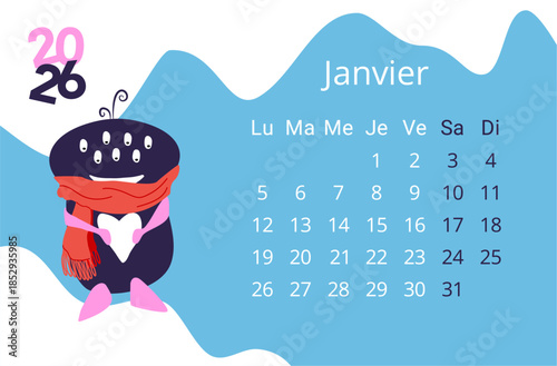 Calendrier mensuel janvier 2026 avec un monstre qui fait des boules de neige en forme de coeur. Illustration amusante et décalé pour un hiver chaleureux