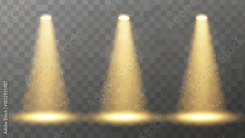 Golden spotlights shining brightly on a transparent background creating a dramatic illumination effect