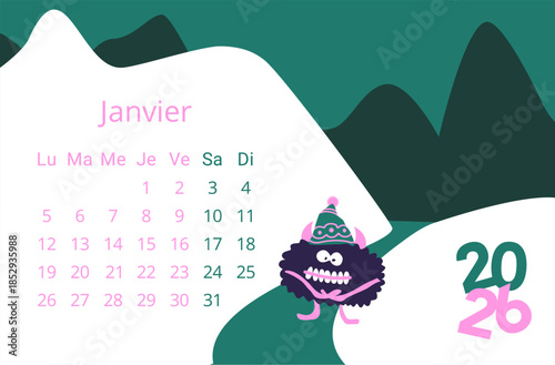 Calendrier avec un petit monstre rigolo qui porte un bonnet mais qui a froid dans la neige. Illustration pour un planning de Janvier 2026 avec un arrière plan de montagnes dans les tons verts