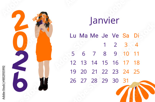 Janvier 2026 - calendrier mensuel en français avec une illustration de femmes tenant un bouquet de marguerite devant son visage