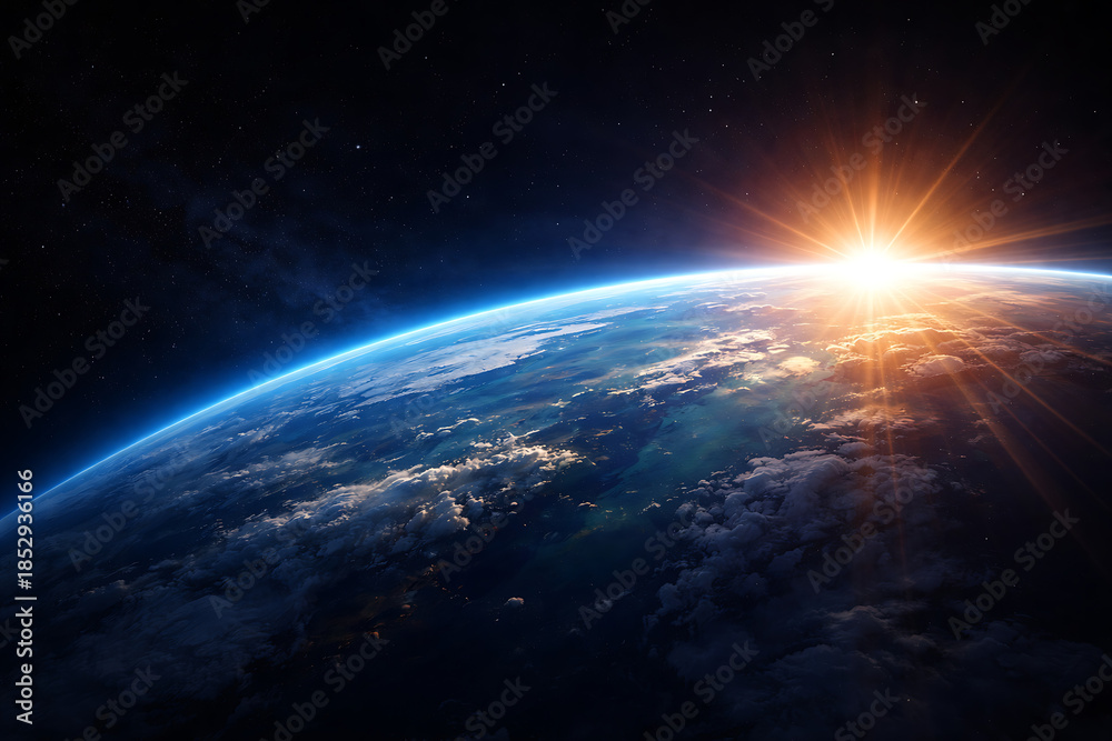 Obraz premium Cinematic view of planet earth with sun rising over the horizon showing clouds and blue oceans from space with bright lens flare effect