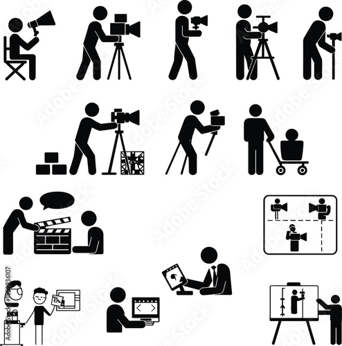 Film production icons set showing director camera operator cinematography editing broadcasting studio workflow media creation vector illustration collection professional silhouettes