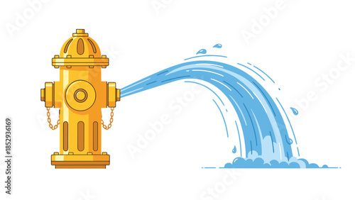 Bright yellow fire hydrant actively gushing a strong stream of clear blue water in an arching cascade, creating splashing effects at its base, symbolizing emergency, safety, and water supply.