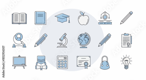 Collection of hand-drawn education icons representing various school and learning elements.