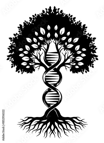 A striking silhouette fuses nature and science, depicting a tree with a spiraling DNA double helix trunk, connecting deep roots to a lush crown to represent the fundamental biological code of life