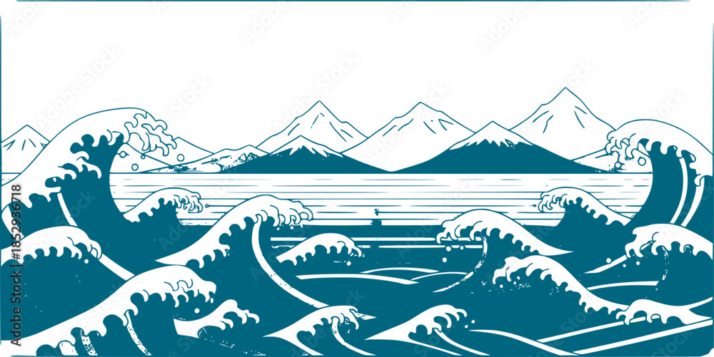 Obraz premium Vector illustration landscape. Japanese wave pattern. Mountain background. Asian style. Sea backdrop. Design for social media wallpaper, blog post template, card, poster. Ornament backdrop. Old paper