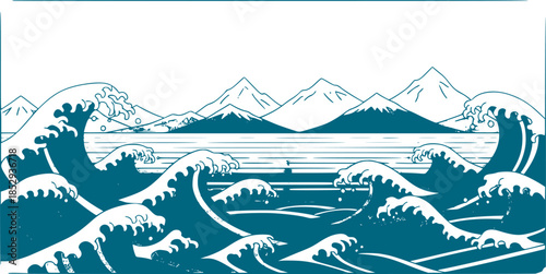 Vector illustration landscape. Japanese wave pattern. Mountain background. Asian style. Sea backdrop. Design for social media wallpaper, blog post template, card, poster. Ornament backdrop. Old paper