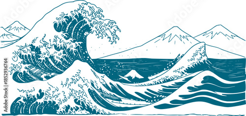 Vector illustration landscape. Japanese wave pattern. Mountain background. Asian style. Sea backdrop. Design for social media wallpaper, blog post template, card, poster. Ornament backdrop. Old paper