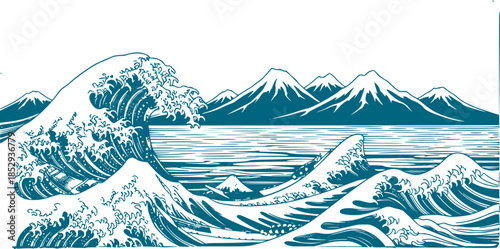 Vector illustration landscape. Japanese wave pattern. Mountain background. Asian style. Sea backdrop. Design for social media wallpaper, blog post template, card, poster. Ornament backdrop. Old paper