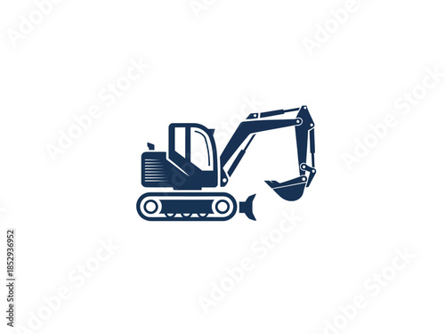 A dark blue excavator sits on a white background.