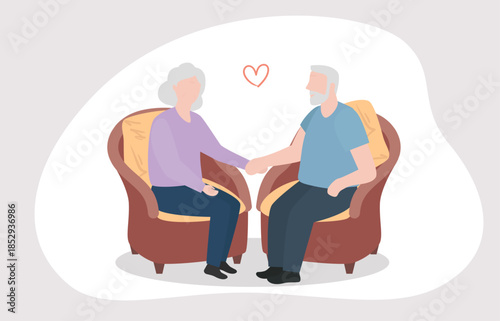 An elderly couple holding hands, with a heart symbolizing their enduring love and companionship.