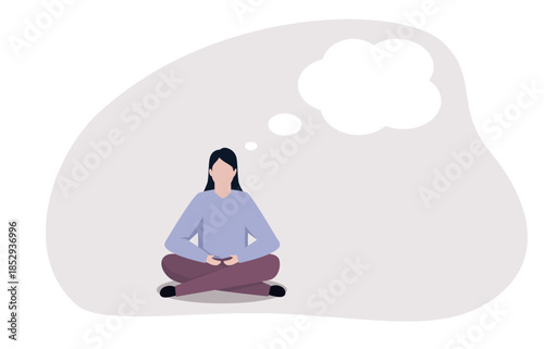 A woman sitting cross-legged in a meditative pose, with a blank thought bubble above her. It represents moments of reflection, mindfulness, or quiet contemplation, as she engages in inward focus.